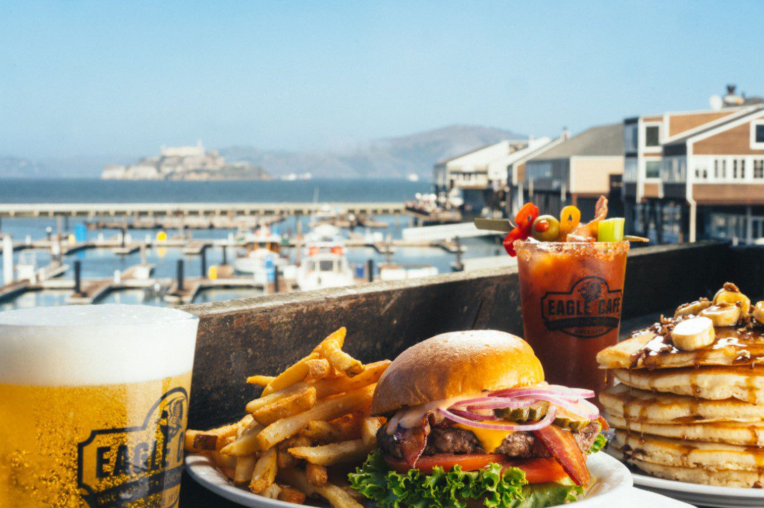 Breakfast and lunch items on Eagle Cafe’s outdoor patio overlooking the SF Bay