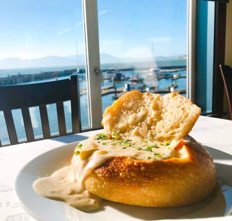 Eagle Cafe’s clam chowder in a sourdough bowl
