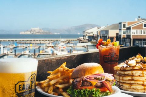 Burger with Fries and a Beer with a Bloody Mary and Pancakes overlooking the bay
