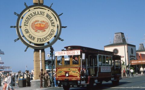 Old-school photo of cable car at San Francisco’s Fisherman's Wharf