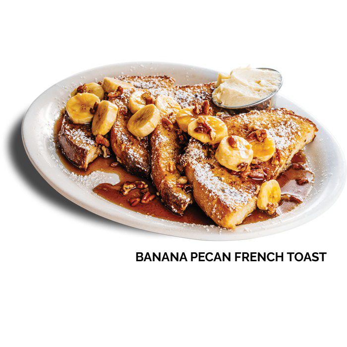 a plate of famous banana pecan french toast voted one of San Francisco’s best breakfasts