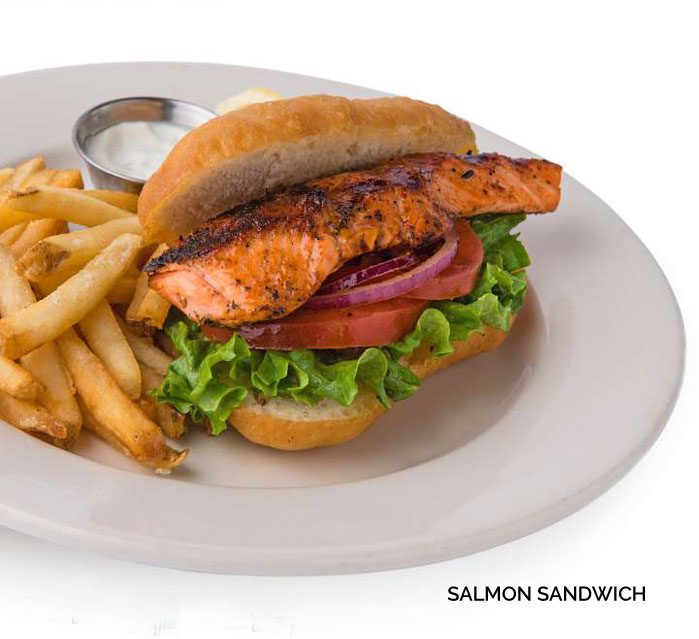 the salmon sandwich with french fries from best Fisherman’s Wharf lunch restaurant Eagle Cafe