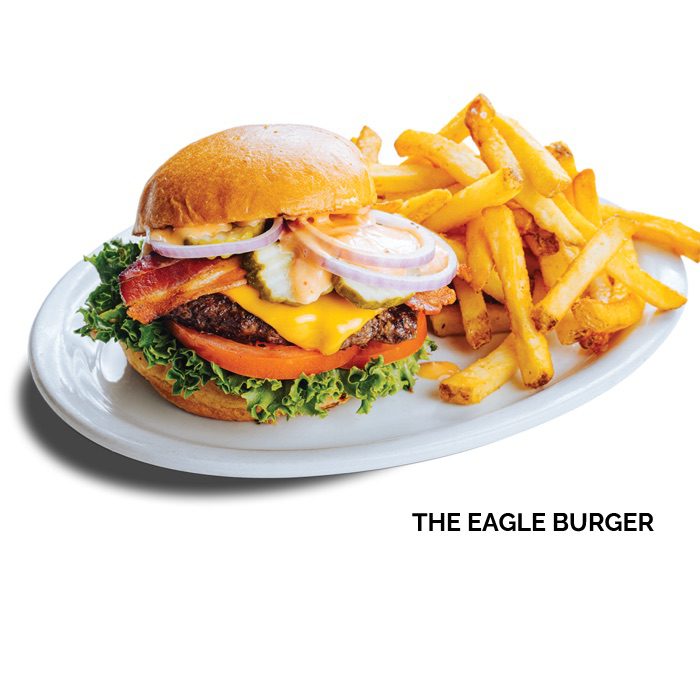 eagle burger with french fries from best Fisherman’s Wharf lunch restaurant Eagle Cafe