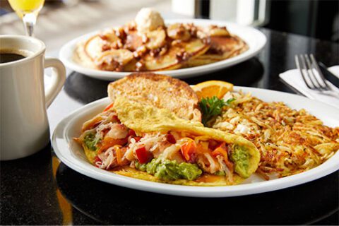 Eagle Cafe's California Omelet with coffee and hashbrowns.