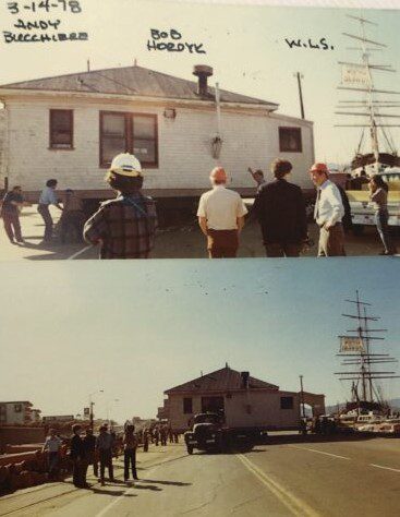 A crew of experts moves the Eagle Cafe to its Pier 39 location in 1978