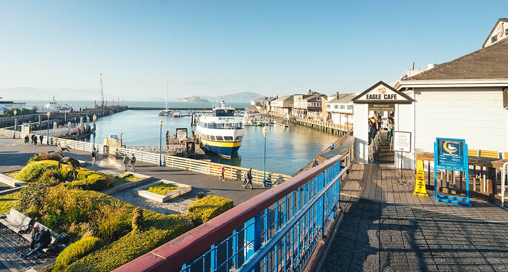 A bay cruise boat docked near the Pier 39 in San Francisco