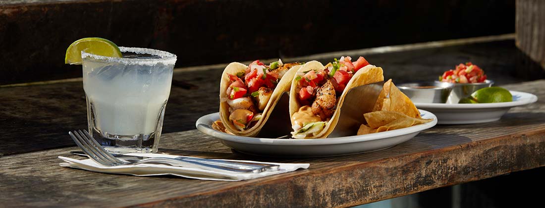 A margarita and fish tacos at Eagle Cafe