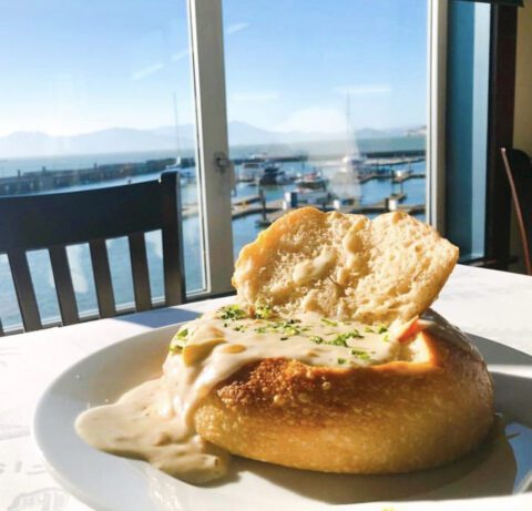 Clam chowder served in a bread bowl.